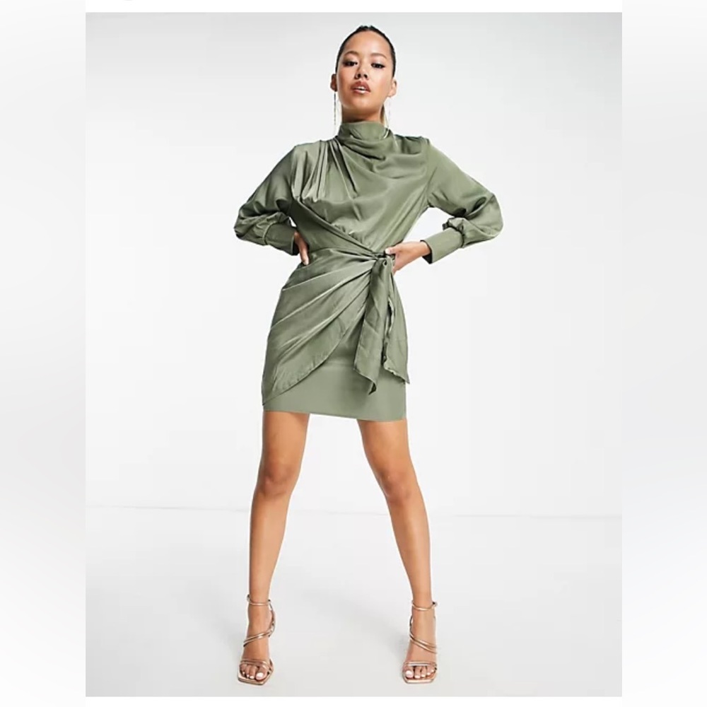 NWT Asos Long Sleeve Satin Dress Mini Bow Tie - Size 00P